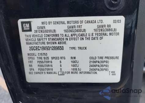 2003 Chevrolet Silverado 1500 Ls z USA, uszkodzony, nr VIN 2GCEC19V931289650